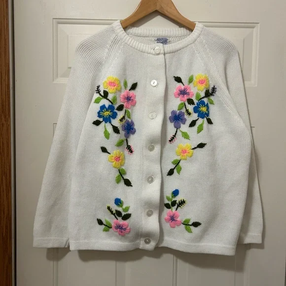 Vtg Sears 1960s Floral Crewel Embroidery Cardigan Pinup Boho Retro Acrylic XL - Picture 12 of 15